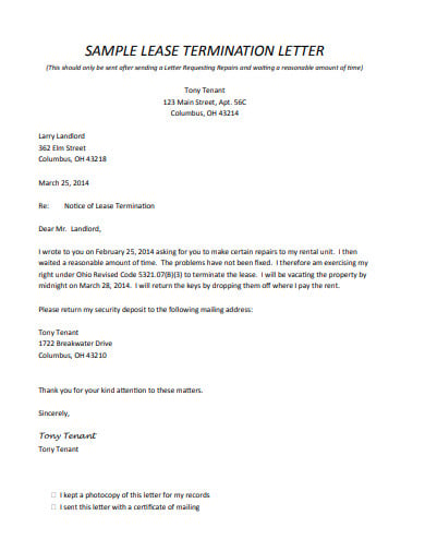sample lease termination letter template