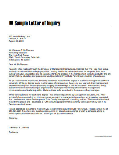 sample letter of inquiry template