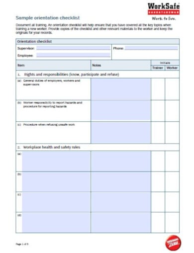 sample orientation checklist template