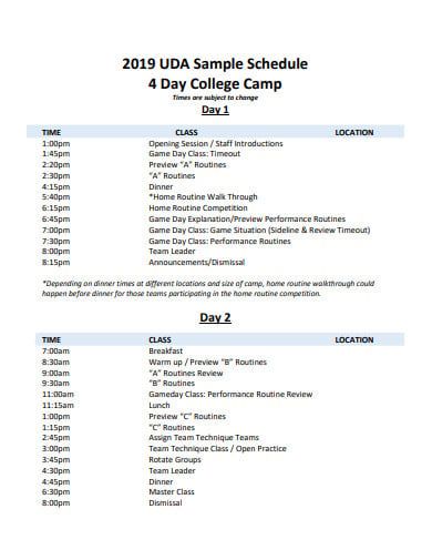 sample schedule 4 day college camp