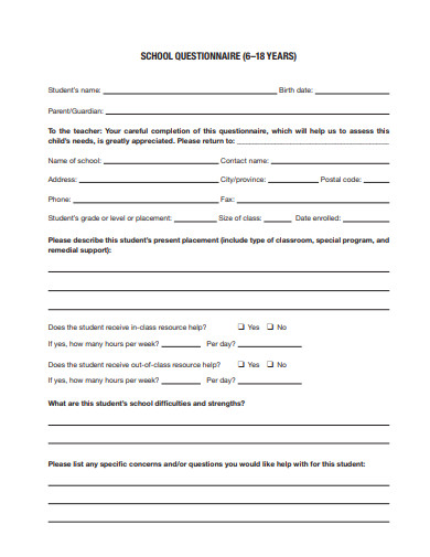 13+ School Questionnaire Templates - Google Docs, Word, Pages, PDF ...