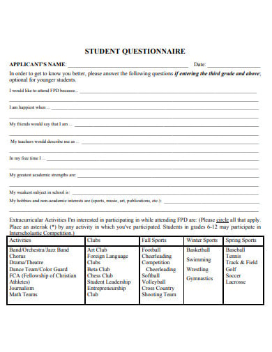 sample student questionnaire