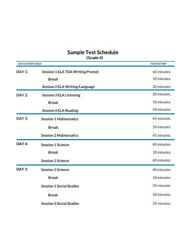sample test schedule template