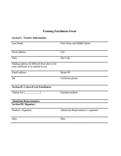 sample training enrollment form template