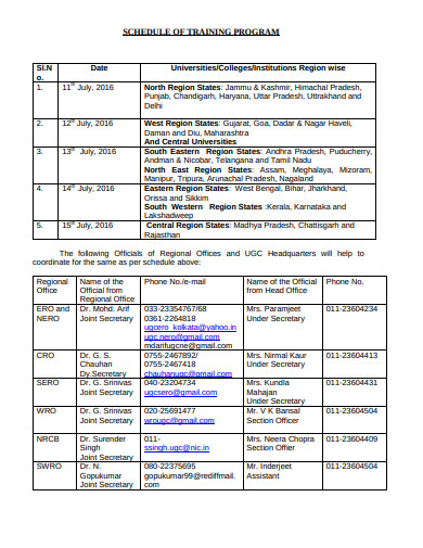 schedule of training program template