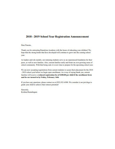 school registration announcement letter template