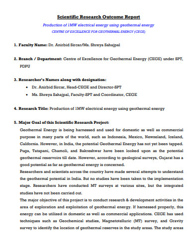 scientific research outcome report template