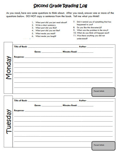 second grade reading log sheet