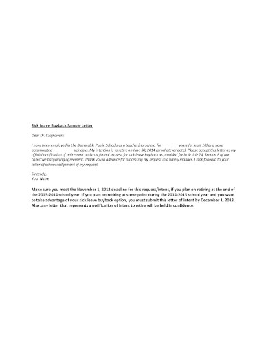 sick leave buyback letter template
