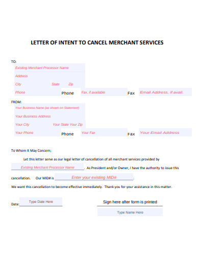 simple cancellation letter for merchant services