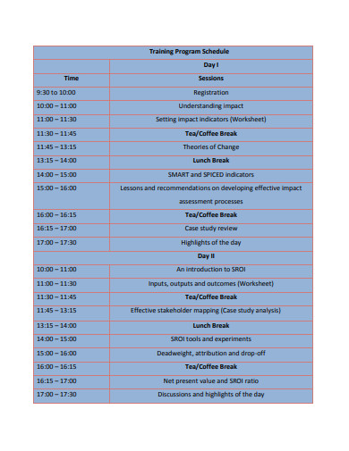 simple training progarm schedule template