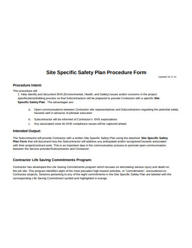 site specific safety plan template