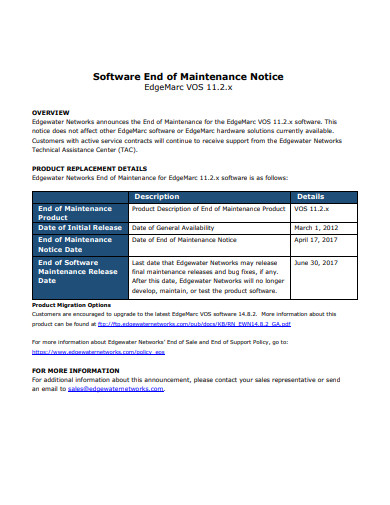 software end of maintenance notice template