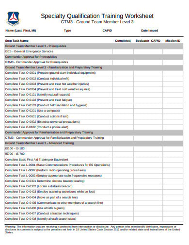 speciality qualification training worksheet example