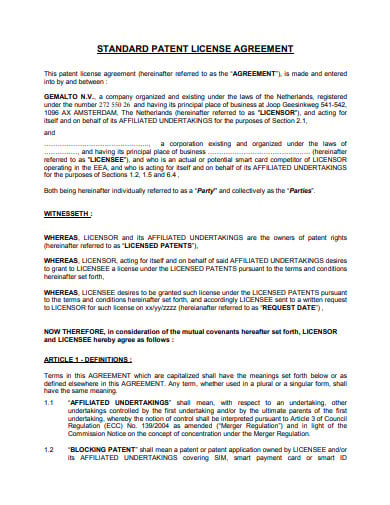 standarad patent license agreement template