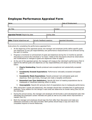 standard employee performance appraisal form
