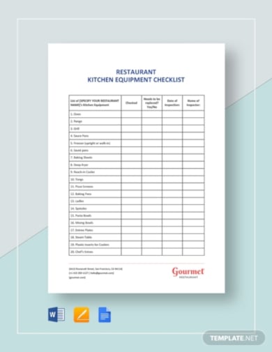 standard restaurant kitchen equipment checklist template