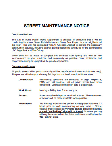 street maintenance notice template