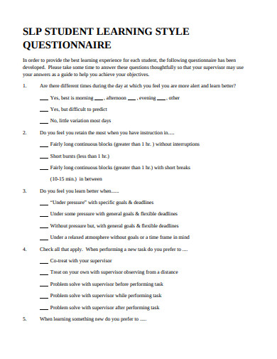 student learning style questionnaire