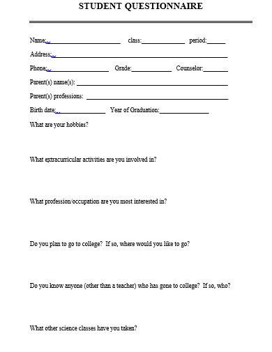 student questionnaire template in doc
