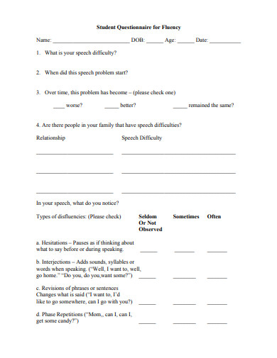 student questionnaire for fluency
