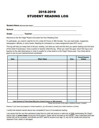 student reading log sheet
