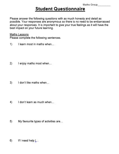 student subject questionnaire template