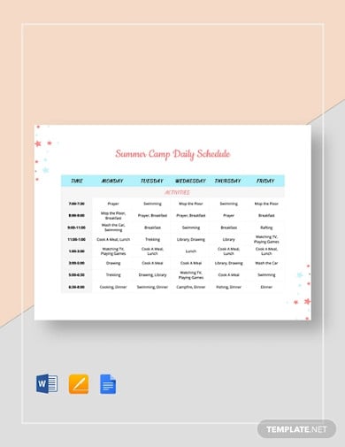 summer camp daily schedule template