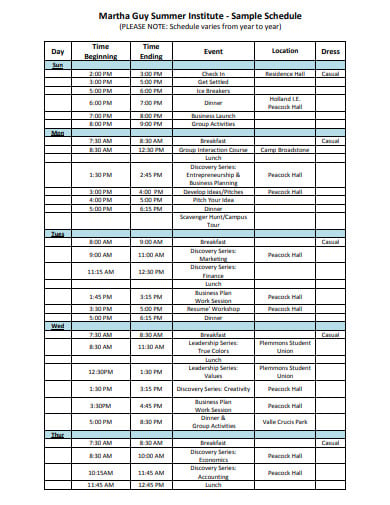 summer institute sample schedule