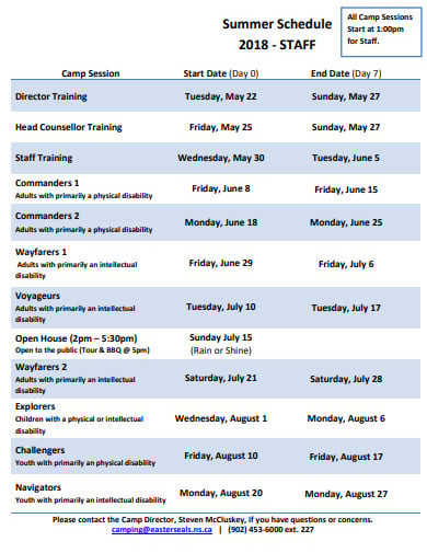 summer staff schedule