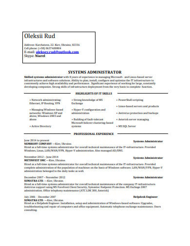system administrator resume format