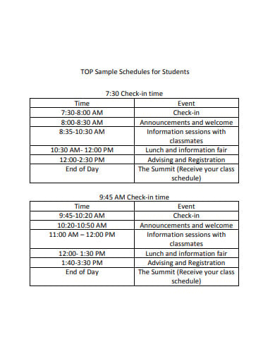 top sample schedules for students