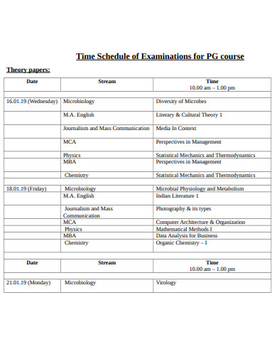 time schedule for examination template