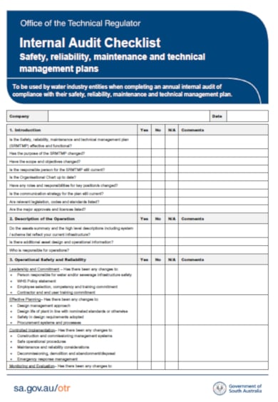 water industry internal audit checklist template