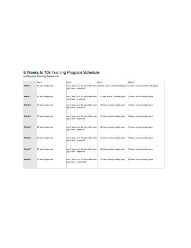 weeks training program schedule template