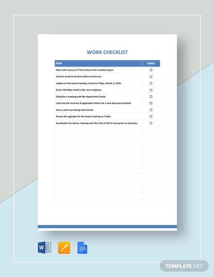 Work Checklist Template - 9+ Free Samples, Examples Format Download ...