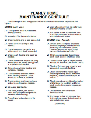 yearly home maintenance schedule example
