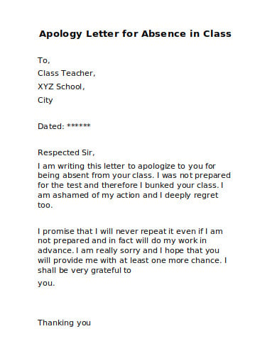 absence in class apology letter to teacher template
