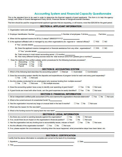 accounting system financial capacity questionnaire