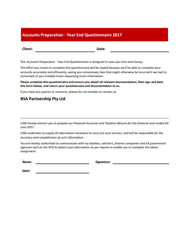 accounts preparation year end questionnaire