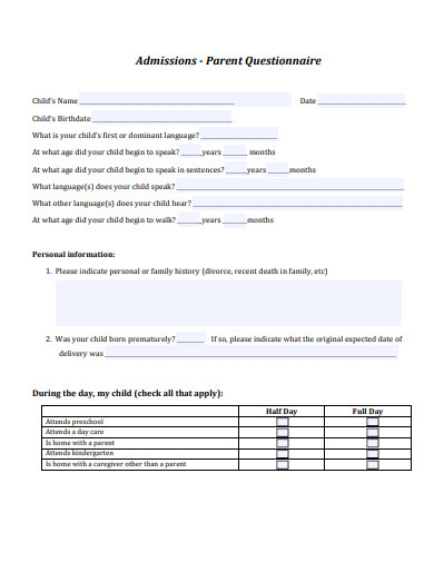 admissions ­parent questionnaire