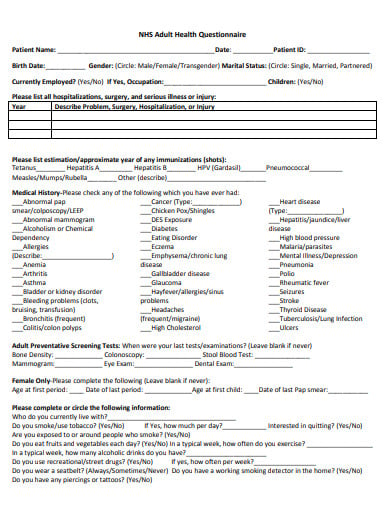 adult health questionnaire sample template