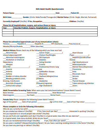 10 Adult Health Questionnaire Templates In Pdf Ms Word 3152