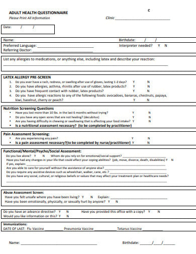 adult health questionnaire template