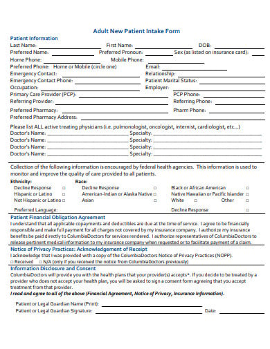 adult new patient intake form template
