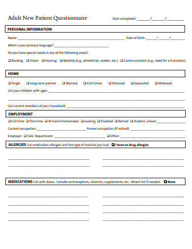 adult new patient questionnaire template