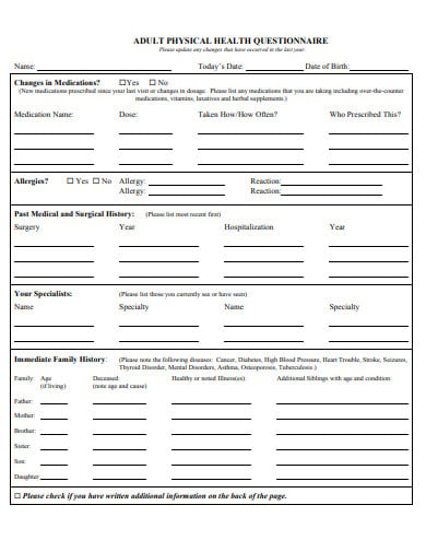 adult physical health questionnaire template