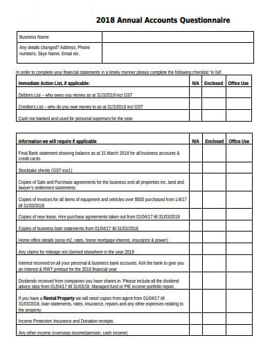annual accounts questionnaire template