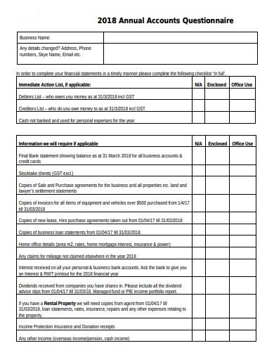 annual accounts questionnaire template