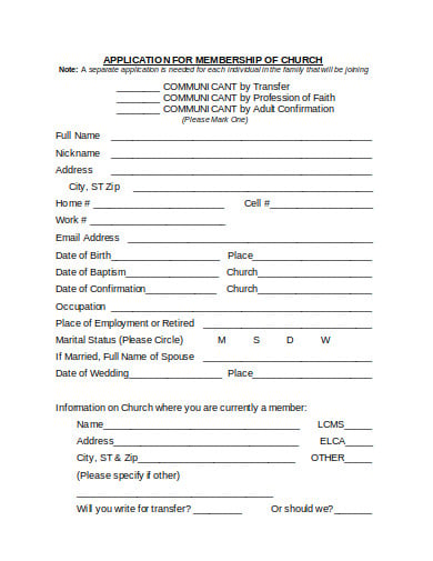 application for church membership form
